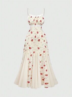 ROMWE Women's sz 3XL Maxi Dress Strawberry Soft Tulle Cream Red Empire Waist NEW